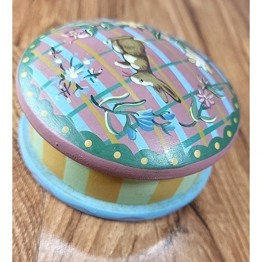 Vtg 90s Hallmark Easter Wooden‎ Trinket Box Bunny Rabbit Floral Painted Jewelry